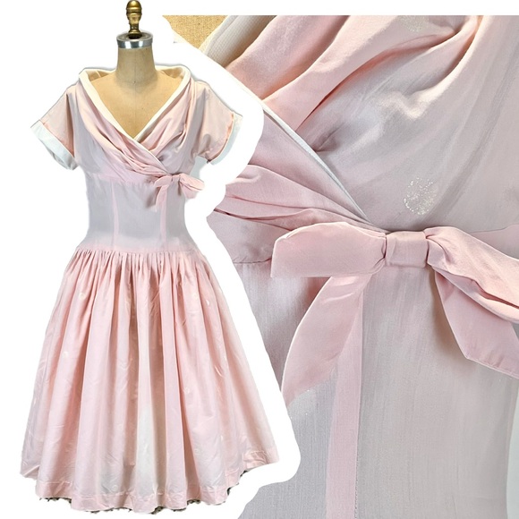Vintage Dresses & Skirts - VINTAGE 50s MCM sailor nautical dress fit flare pastel pink midi Tailored Junior